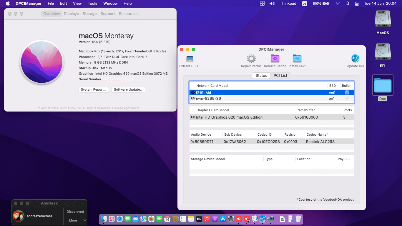 Success Hackintosh macOS Monterey 12.4 Build 21F79 in Lenovo Thinkpad X270